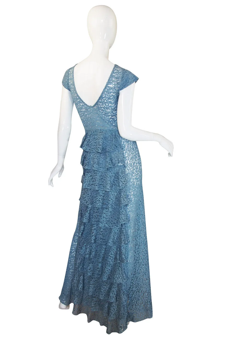 1930s Pale Blue Lace Ruffle Gown