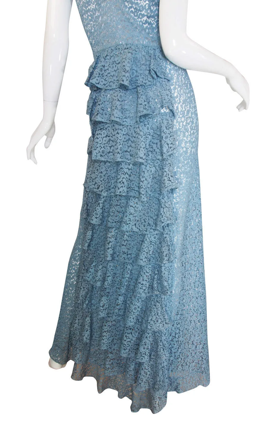 1930s Pale Blue Lace Ruffle Gown