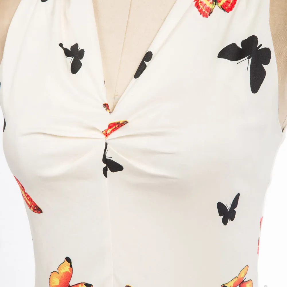 1950s Vintage Butterfly Printed Sleeveless V-Neck Flared A-Line Dress