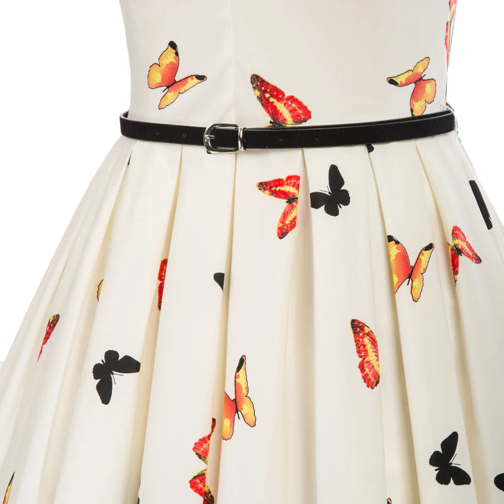 1950s Vintage Butterfly Printed Sleeveless V-Neck Flared A-Line Dress