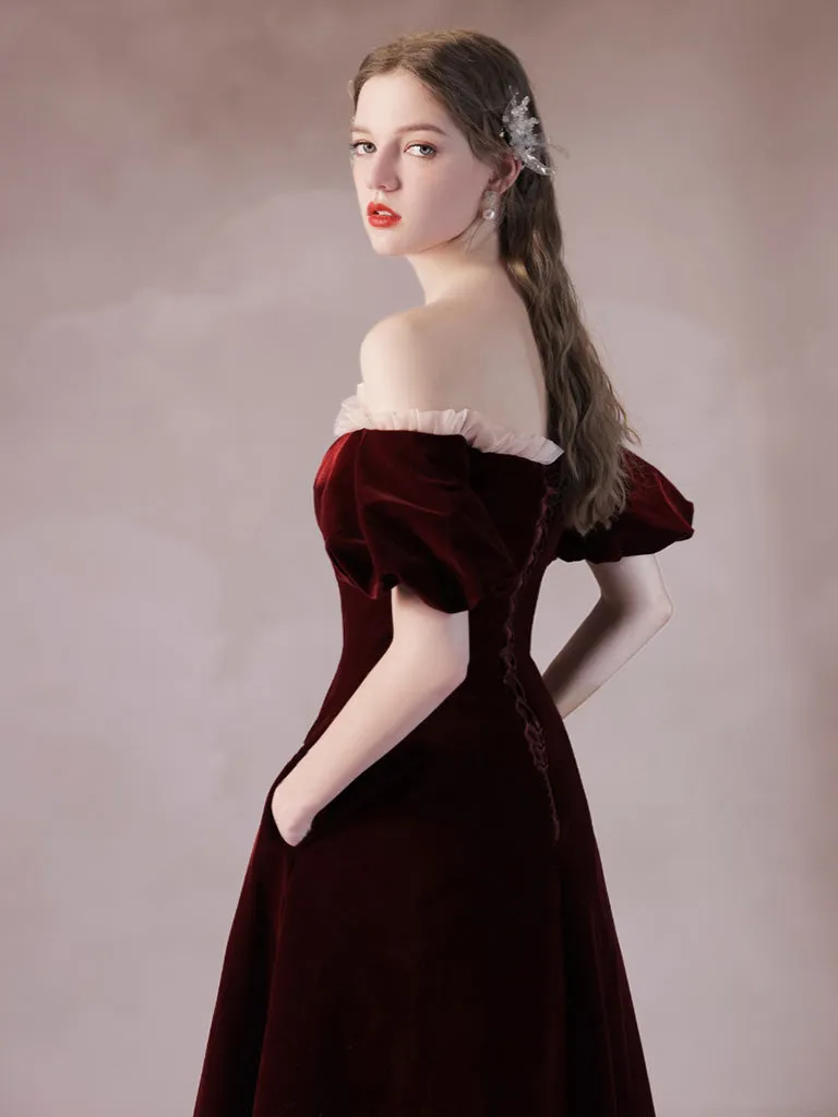 A-Line Burgundy Velvet Long Prom Dress, Burgundy Formal Dress