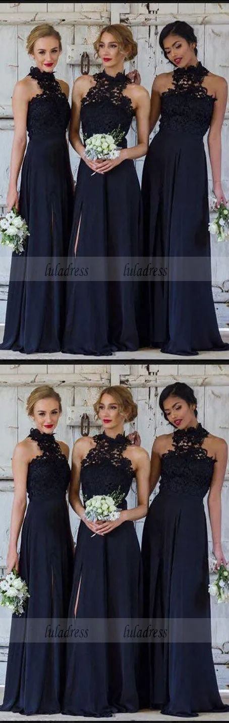 A-Line Navy Blue Chiffon Bridesmaid Dress with Lace,BD99359