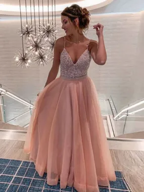 A Line V Neck Sequins Pink Long Prom with Straps, V Neck Pink Formal Graduation Evening