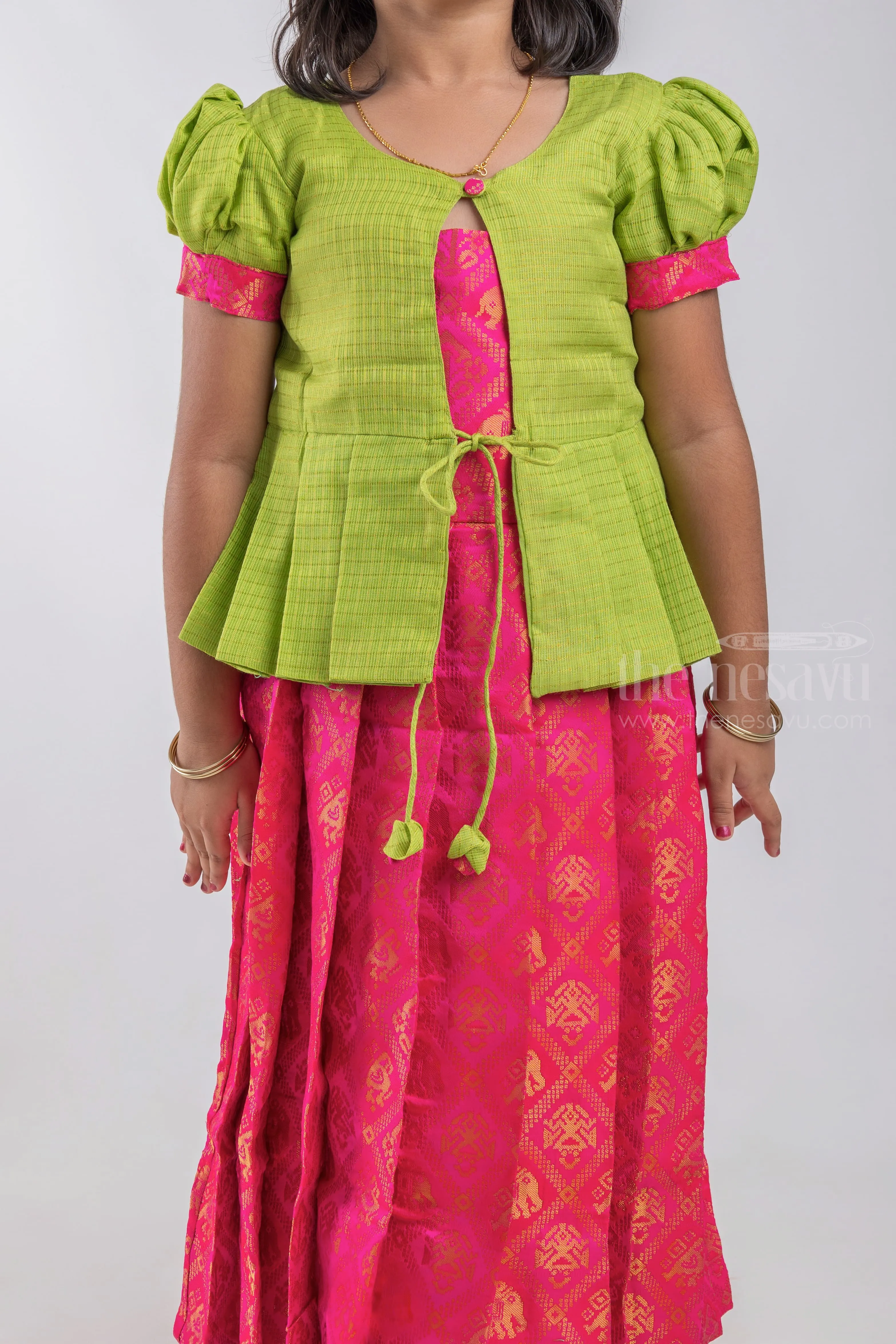 Adorable Parrot Green Silk Blouse And Pink Pleated Designer Silk Skirt For Girls