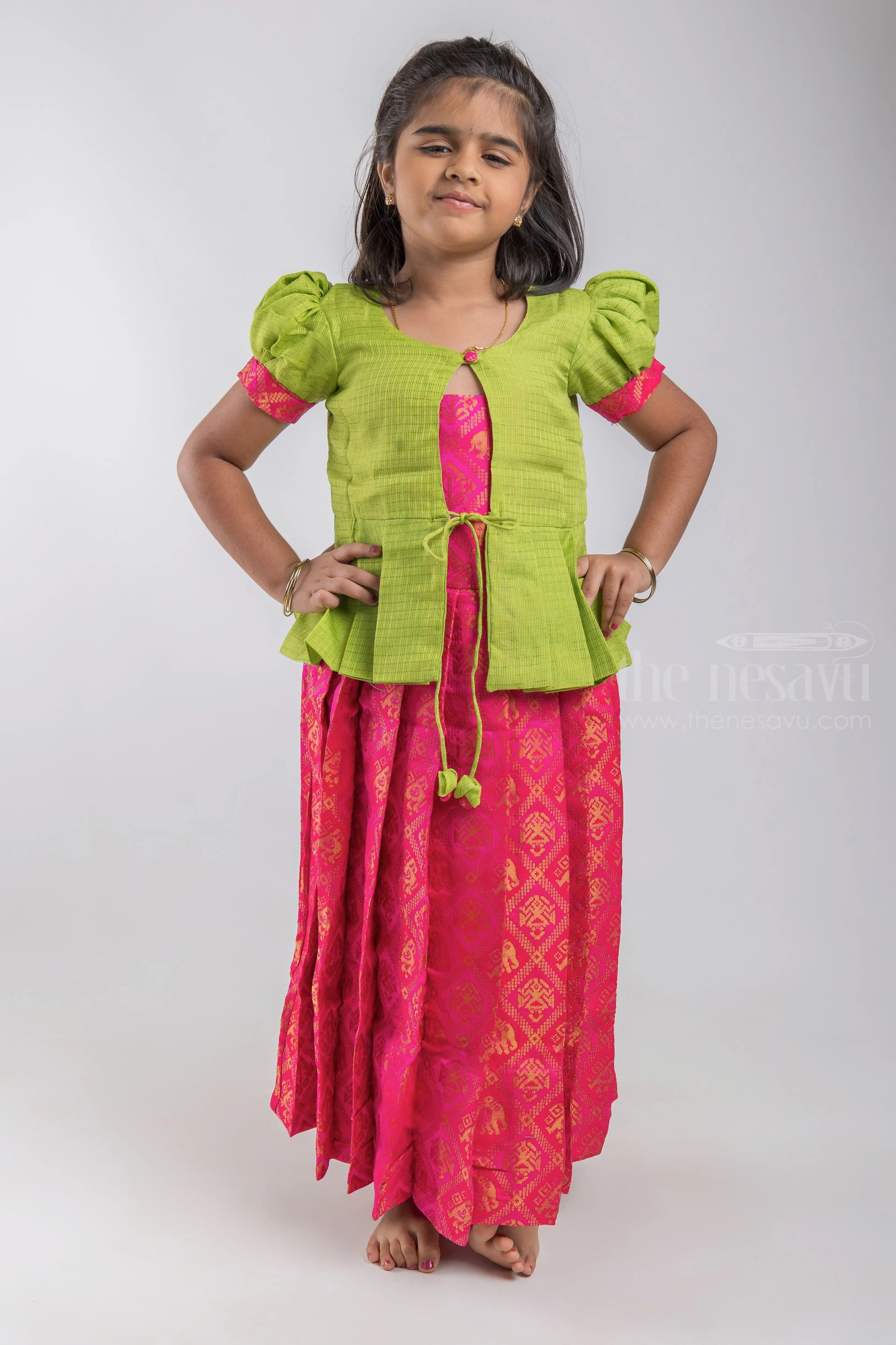 Adorable Parrot Green Silk Blouse And Pink Pleated Designer Silk Skirt For Girls