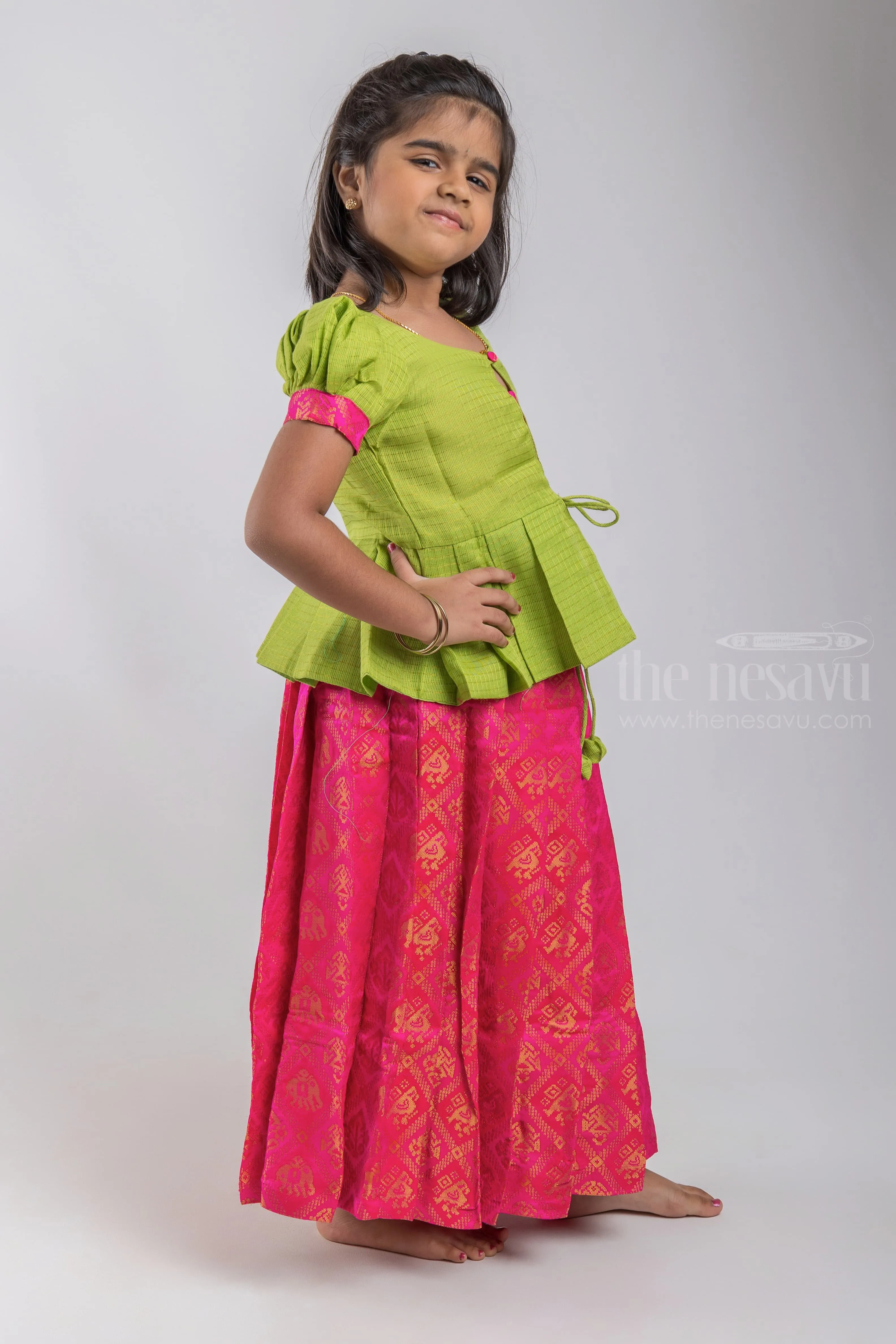 Adorable Parrot Green Silk Blouse And Pink Pleated Designer Silk Skirt For Girls