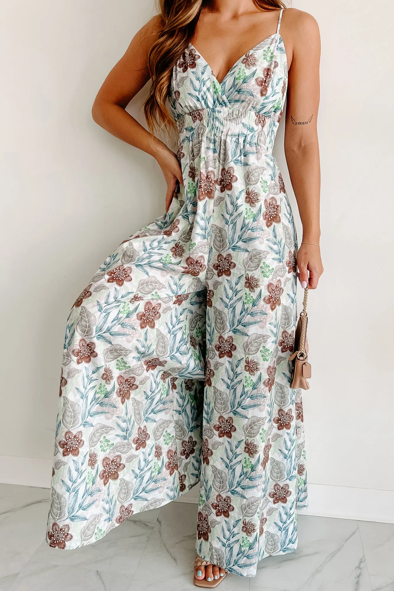 Ainsley Floral Wide Leg Jumpsuit (White/Brown/Blue)