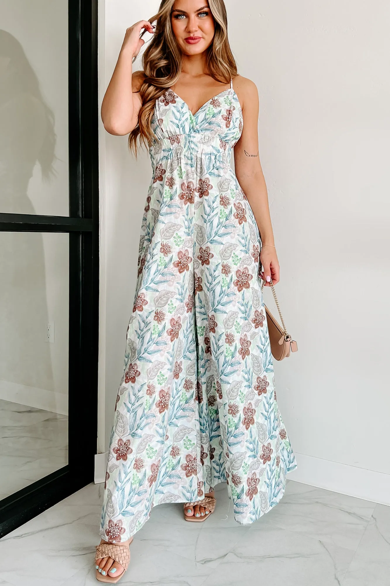 Ainsley Floral Wide Leg Jumpsuit (White/Brown/Blue)