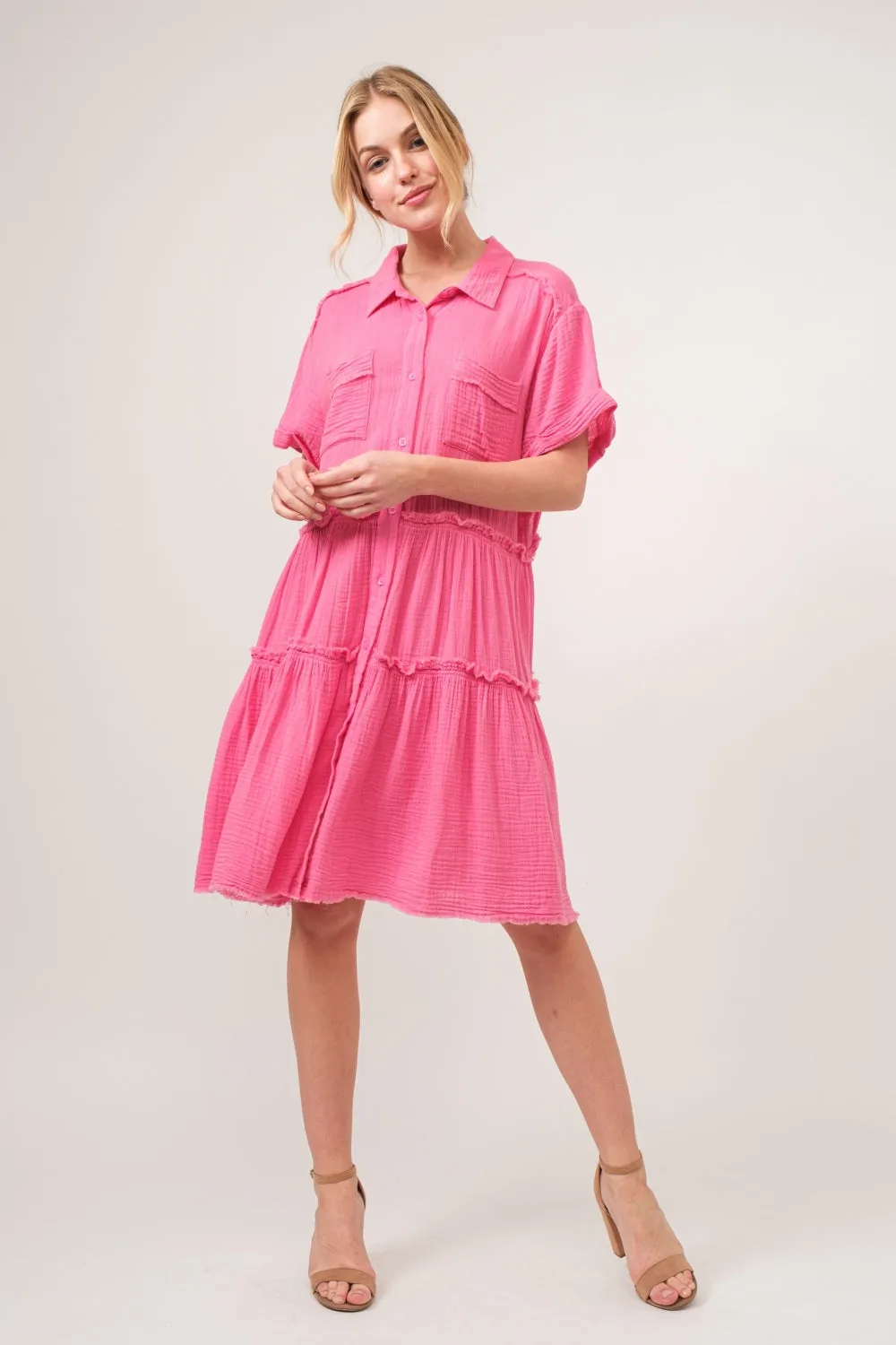 And The Why Full Size Raw Edge Washed Tiered Shirt Dress