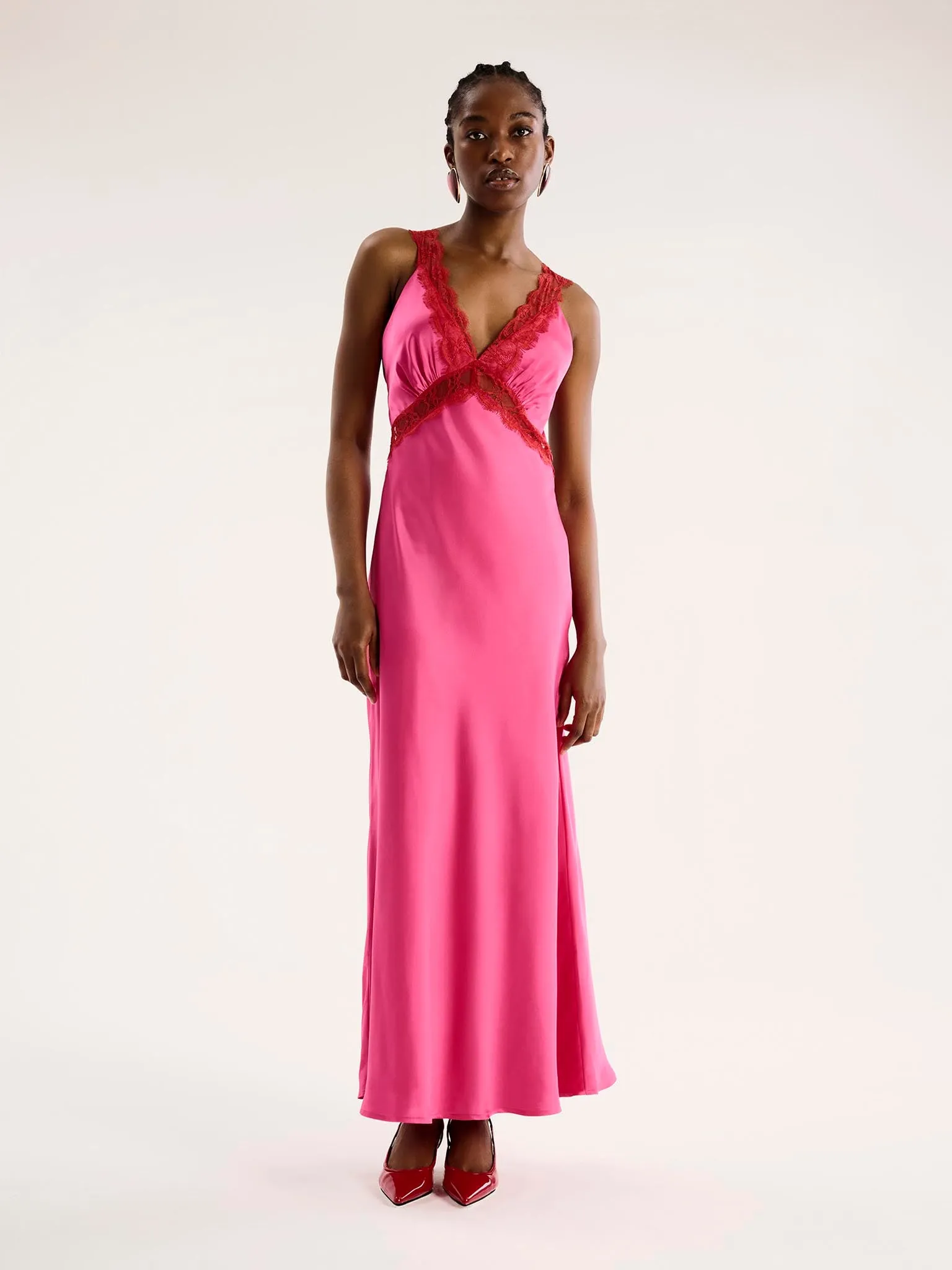 Aurelia Lace Trim Maxi Dress in Cerise