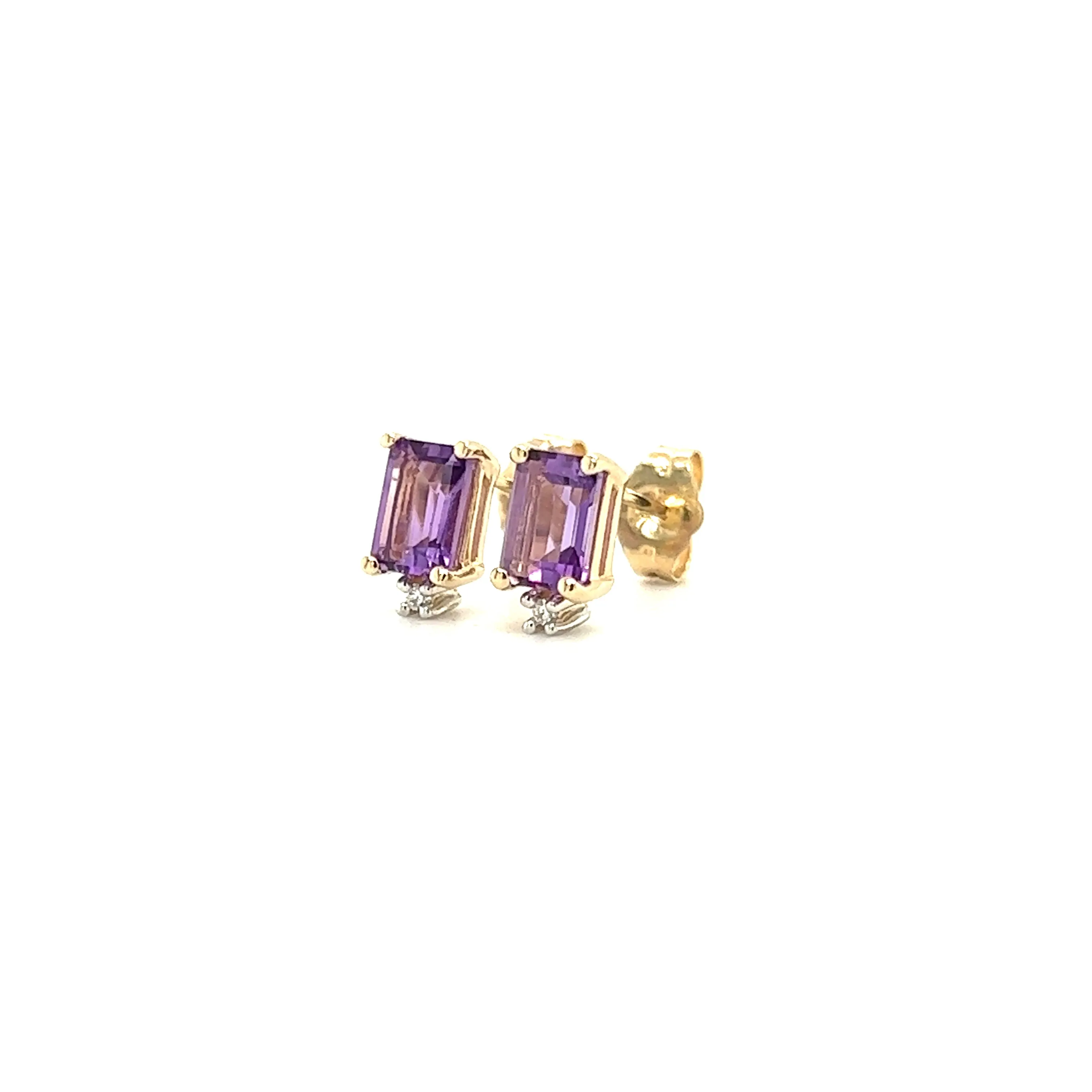 Baguette Amethyst Stud Earrings with Accent Diamonds in 14K Yellow Gold