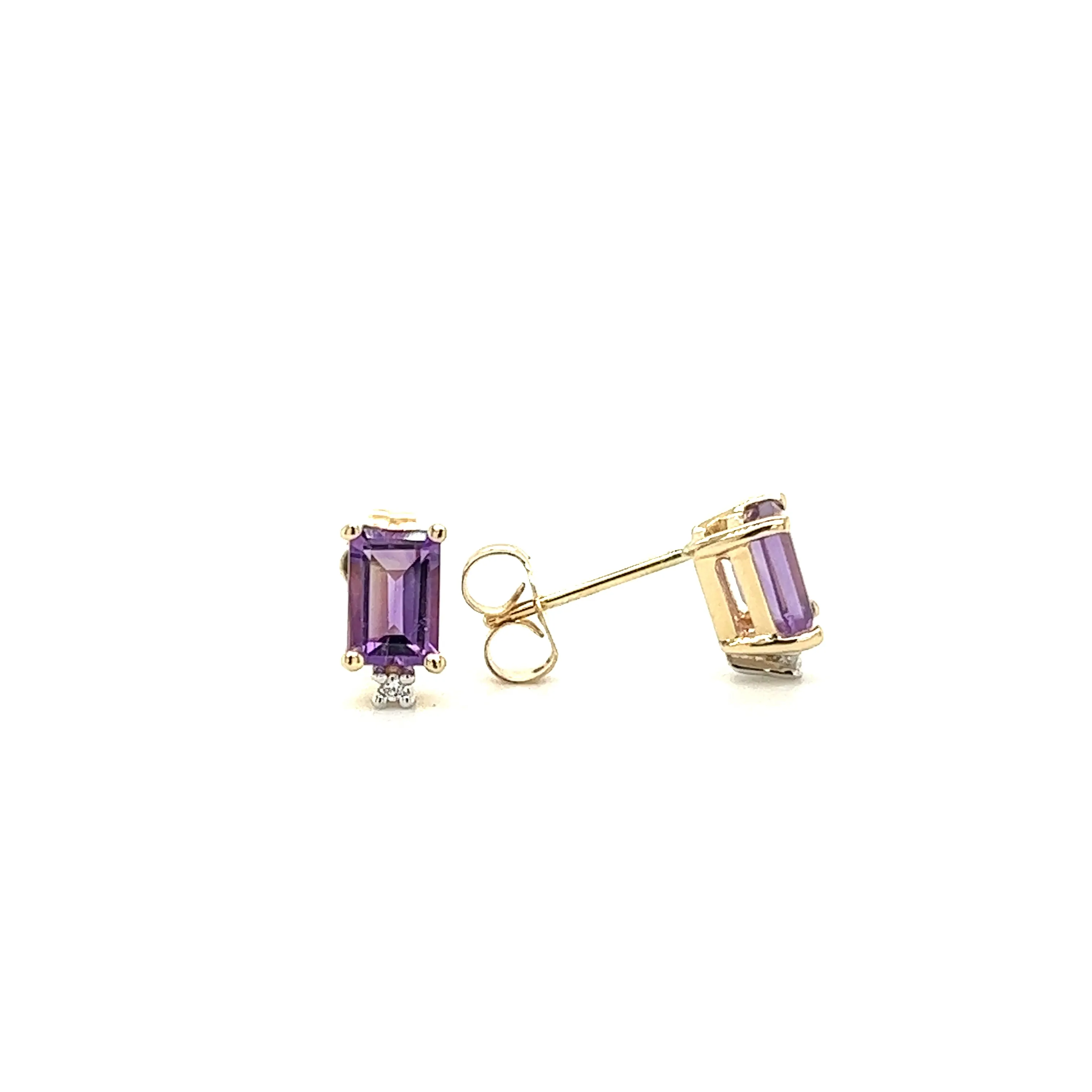 Baguette Amethyst Stud Earrings with Accent Diamonds in 14K Yellow Gold