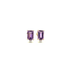 Baguette Amethyst Stud Earrings with Accent Diamonds in 14K Yellow Gold