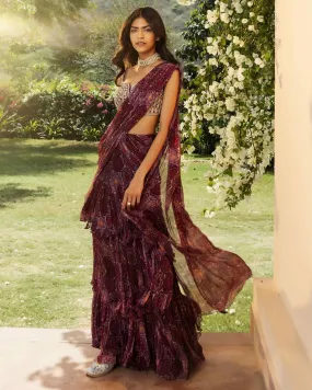 Bahaar Burgundy Tiered Sari Set