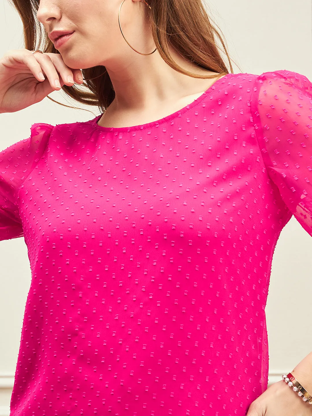 Berrylush BIZwear Women Solid Pink Dobby Weave Round Neck Three-Quarter Sleeves Regular Top