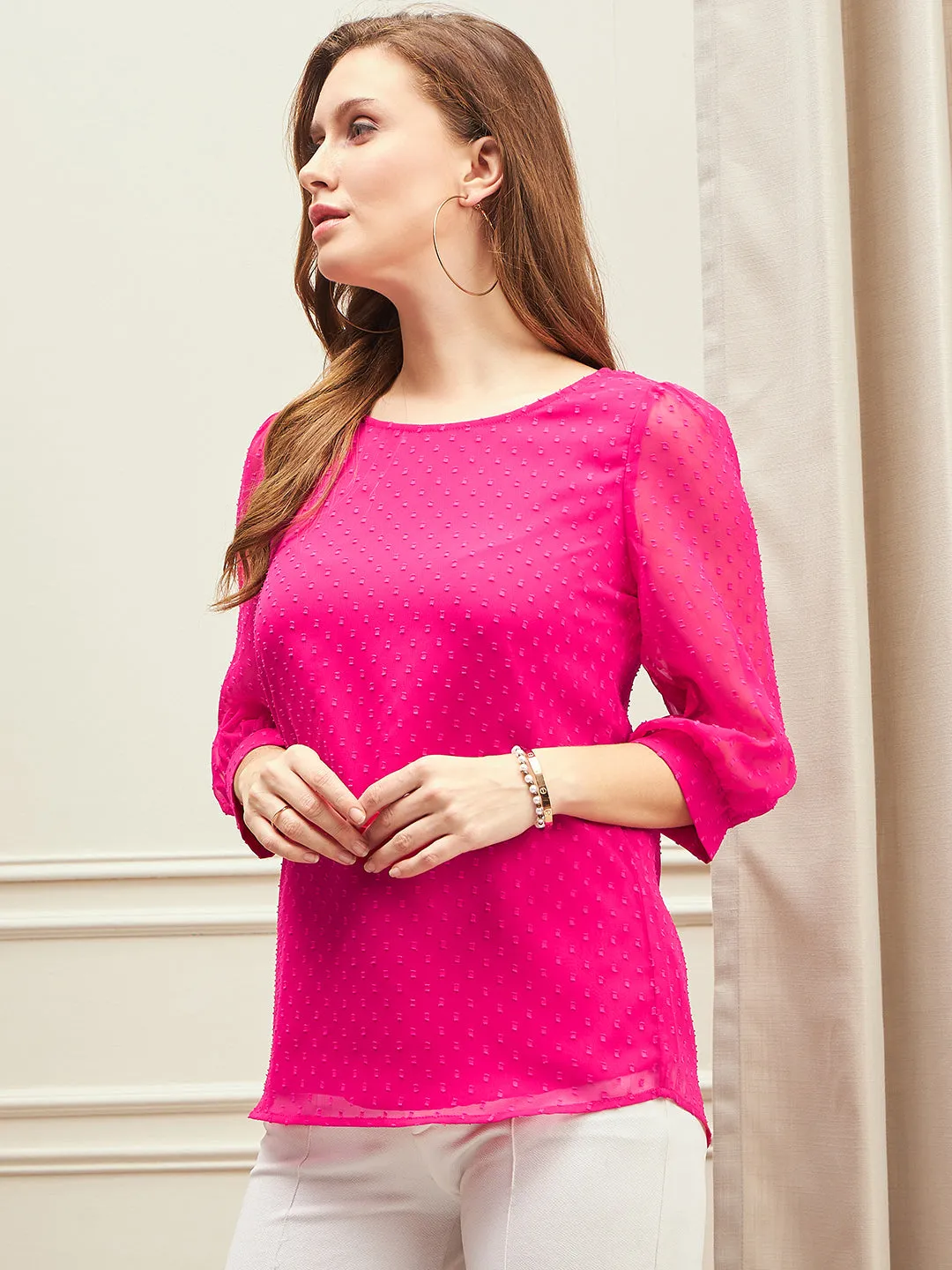 Berrylush BIZwear Women Solid Pink Dobby Weave Round Neck Three-Quarter Sleeves Regular Top