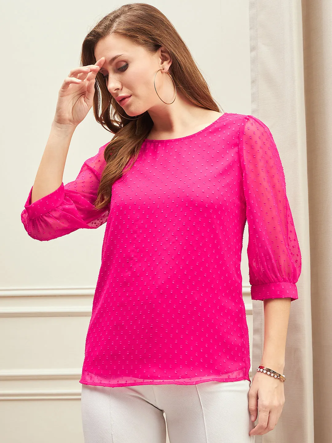 Berrylush BIZwear Women Solid Pink Dobby Weave Round Neck Three-Quarter Sleeves Regular Top