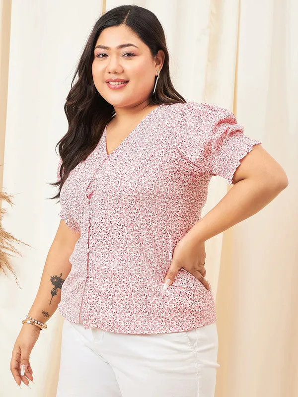 Berrylush Curve Women White & Pink Floral Printed V-Neck Puff Sleeves Button-Up Smocked Regular Top