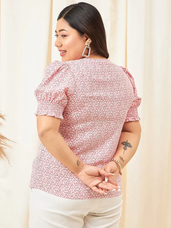 Berrylush Curve Women White & Pink Floral Printed V-Neck Puff Sleeves Button-Up Smocked Regular Top