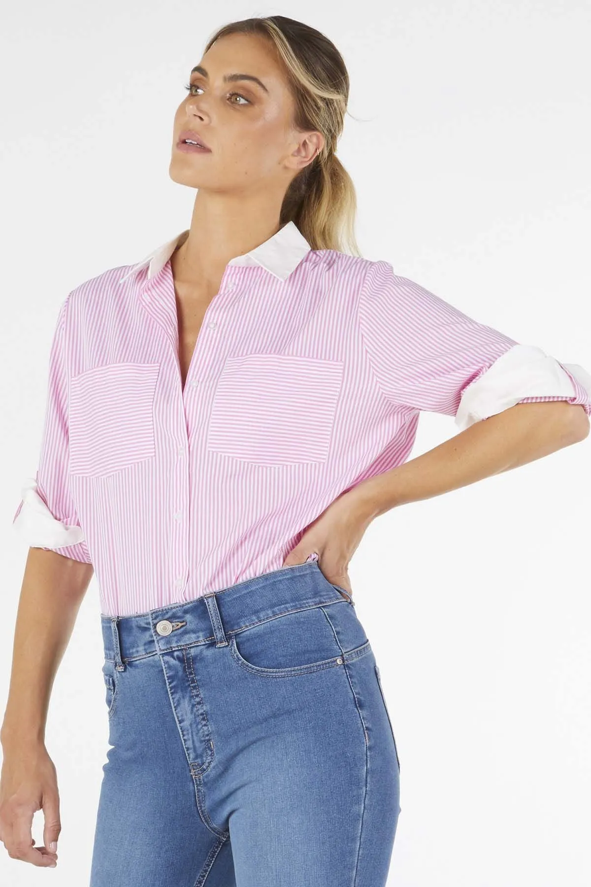 Betty Basics Heston Shirt in Pink Pinstripe