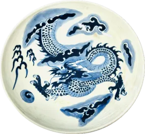 Blue and White Reproduction Plate with Dragon Design