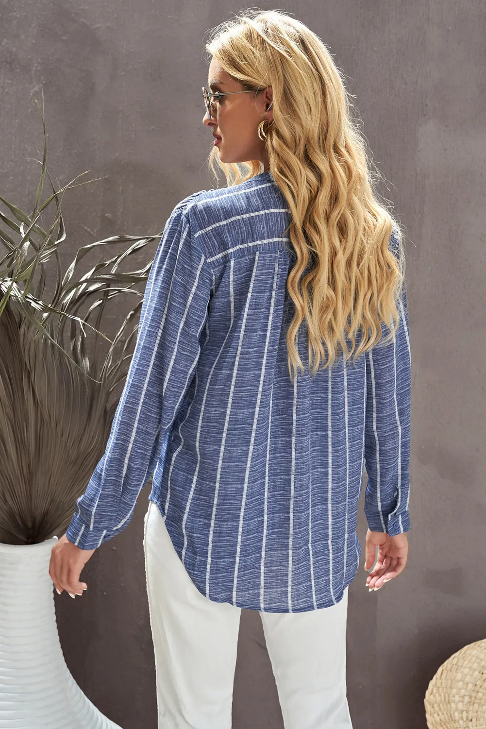 Blue Stripe Pocket Long Sleeve Shirts Blouse