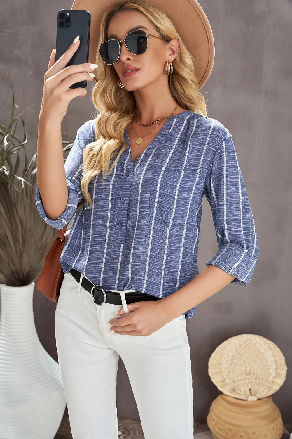 Blue Stripe Pocket Long Sleeve Shirts Blouse