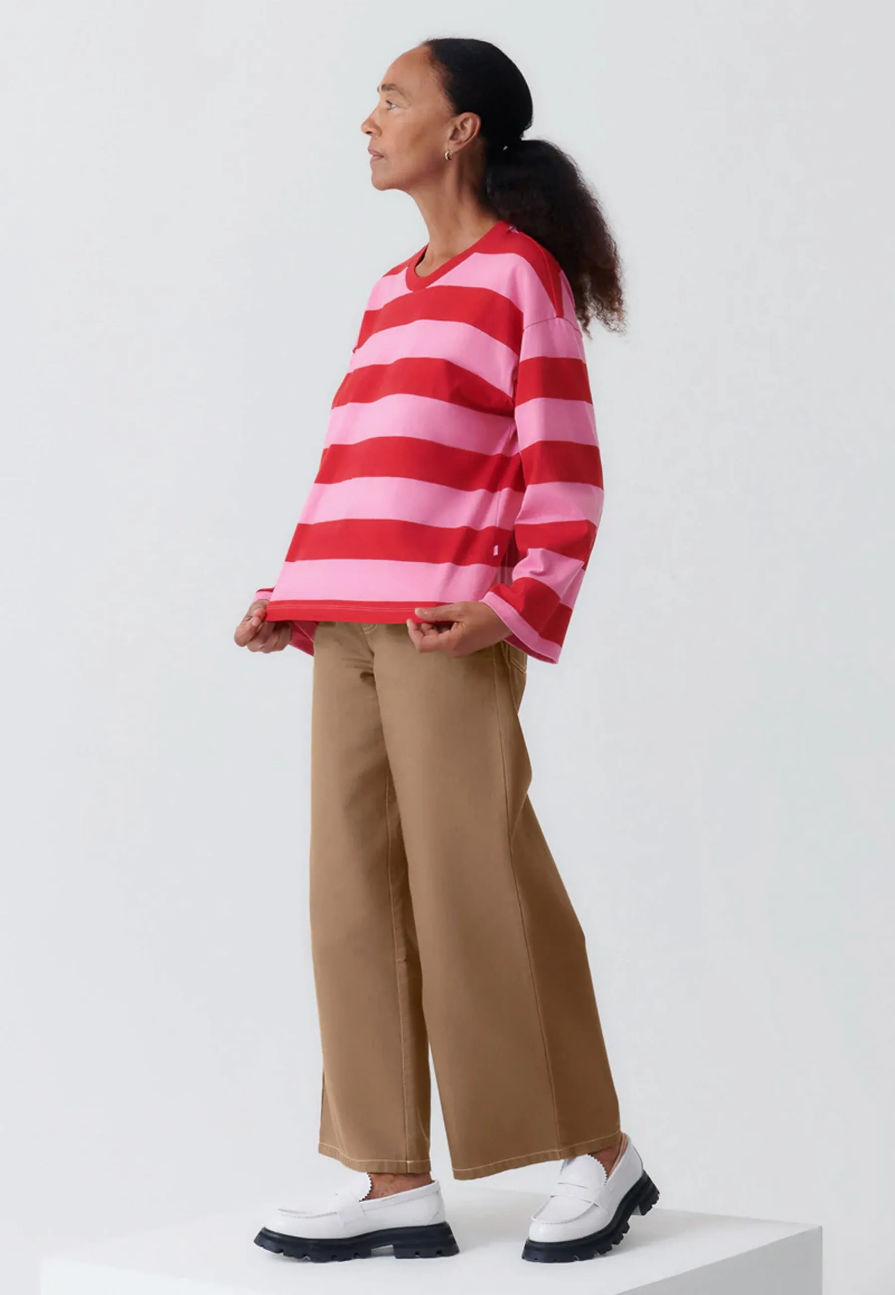 Boxy Long Sleeve Top - red/pink stripe