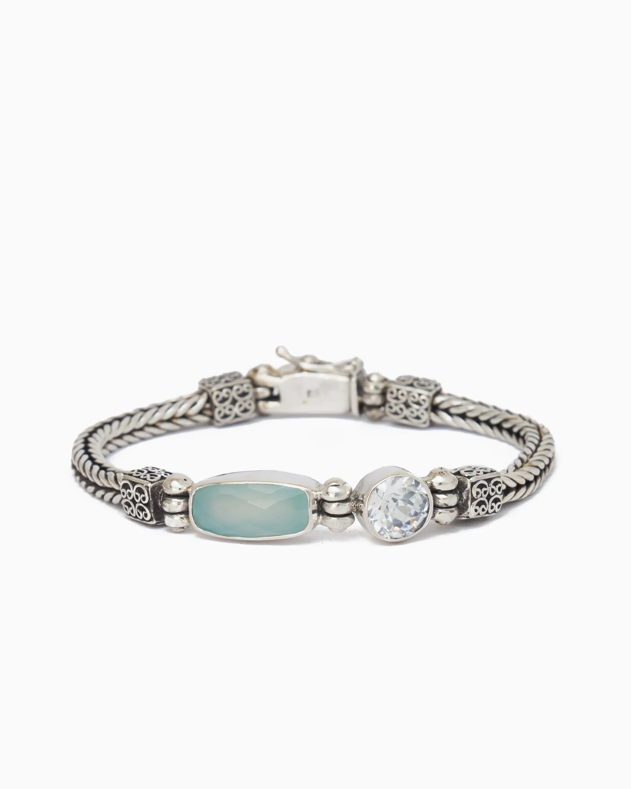 Bubble Stone Link Bracelet - Blue Chalcedony/White Zircon