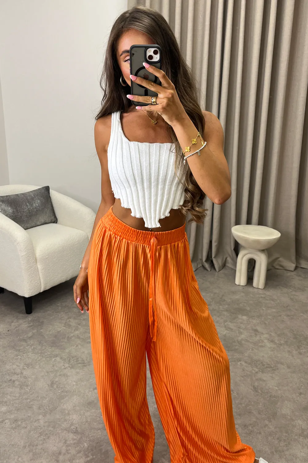 Chrissy Orange Plisse High Waisted Wide Leg Satin Trousers