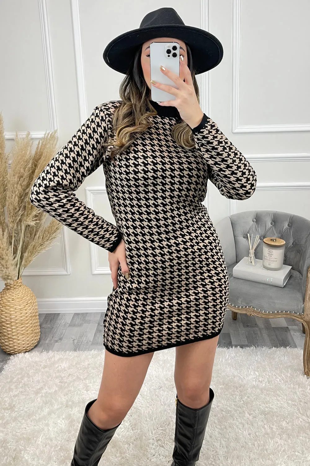 Claudie Beige and Black Dogtooth Knitted Bodycon Dress