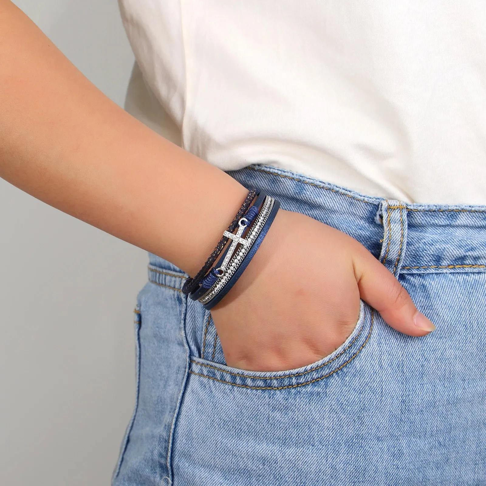 'Cross' Charm and Rhinestones Cuff Bracelet - silver