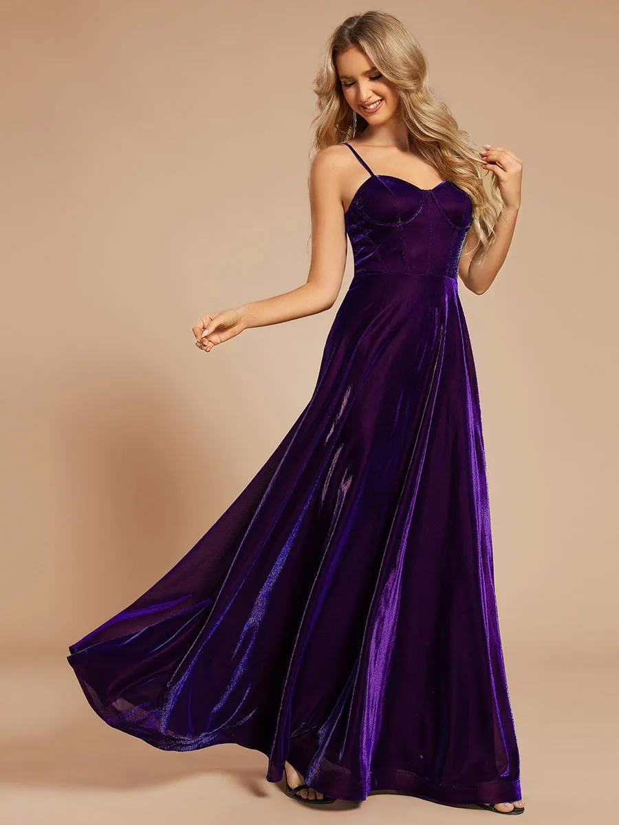 Custom Size Iridescent Mesh Spaghetti Strap V-neck A-line Prom Dress