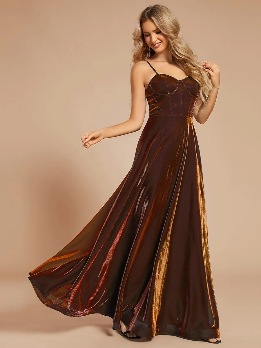 Custom Size Iridescent Mesh Spaghetti Strap V-neck A-line Prom Dress