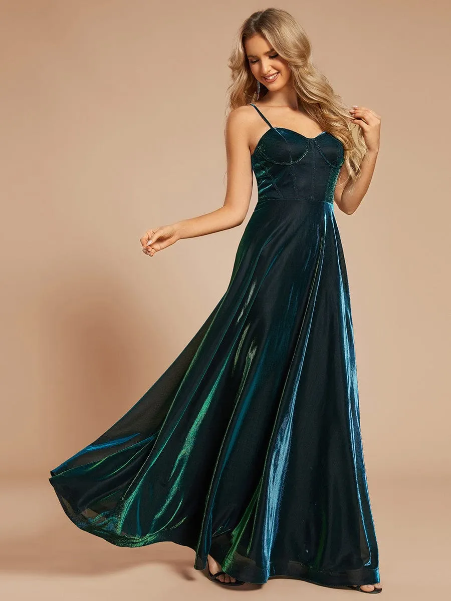 Custom Size Iridescent Mesh Spaghetti Strap V-neck A-line Prom Dress