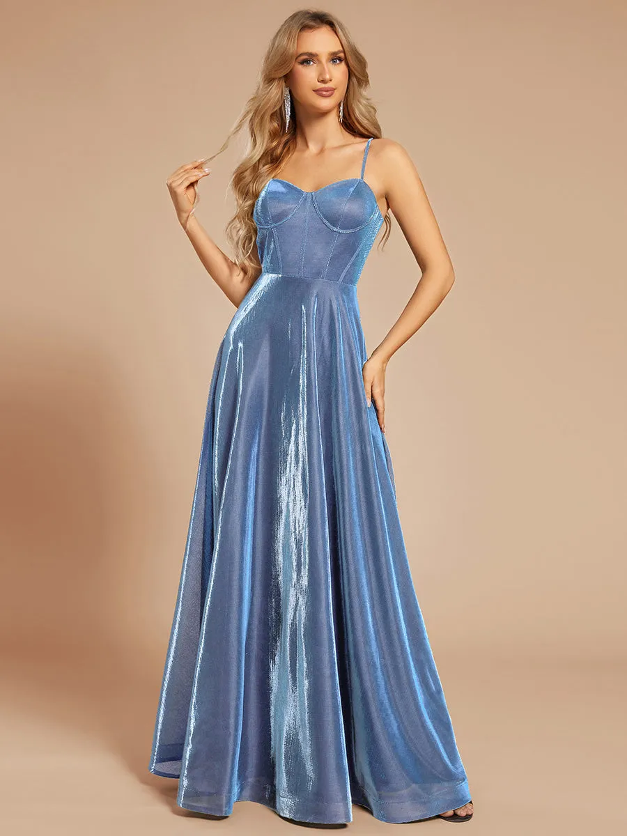 Custom Size Iridescent Mesh Spaghetti Strap V-neck A-line Prom Dress