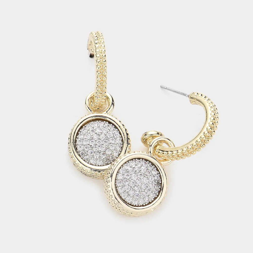 CZ Stone Two Tone Paved Disc Dangle Earrings