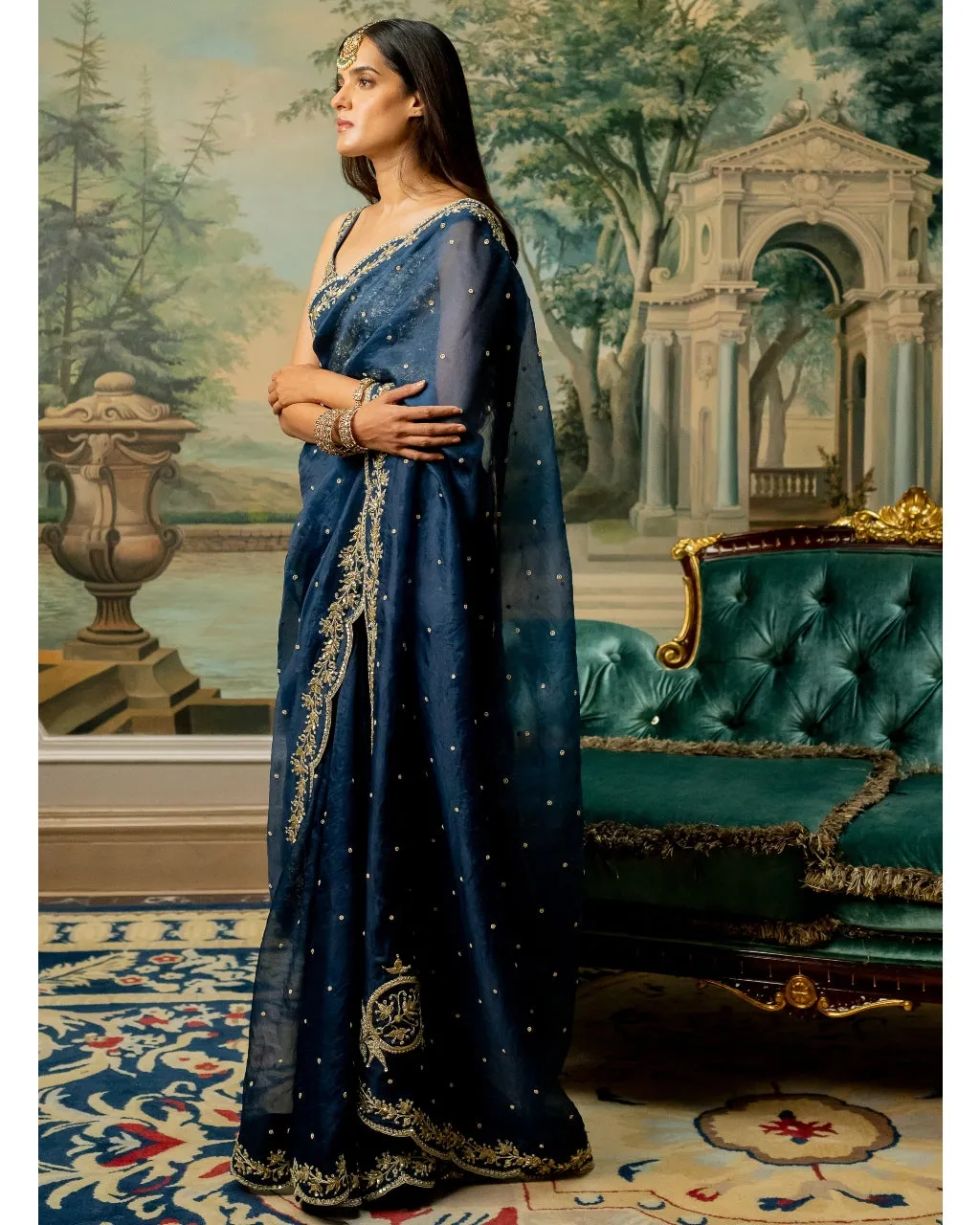 Deep Blue Embroidered Sari Set