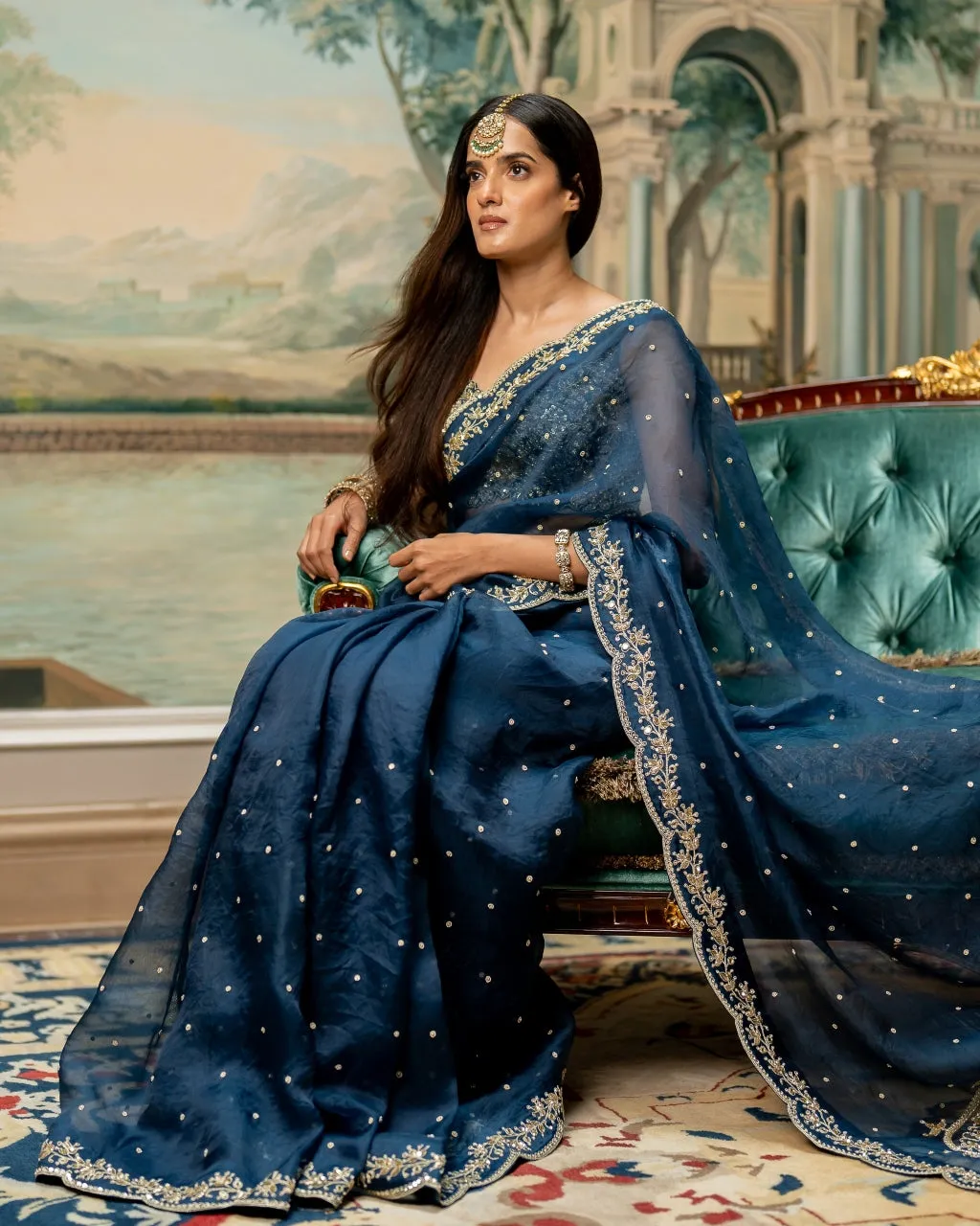 Deep Blue Embroidered Sari Set