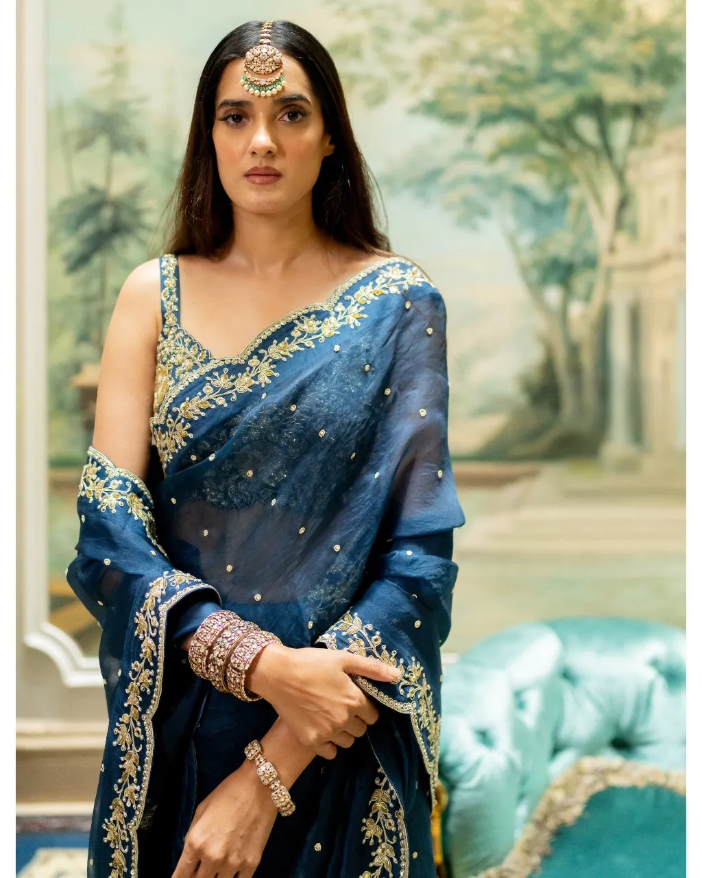 Deep Blue Embroidered Sari Set