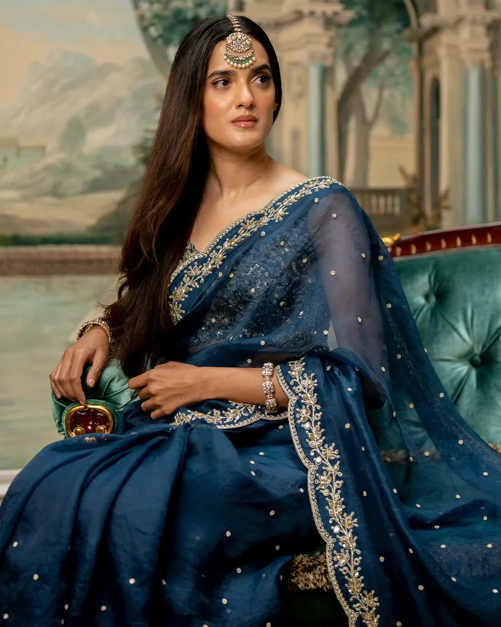 Deep Blue Embroidered Sari Set