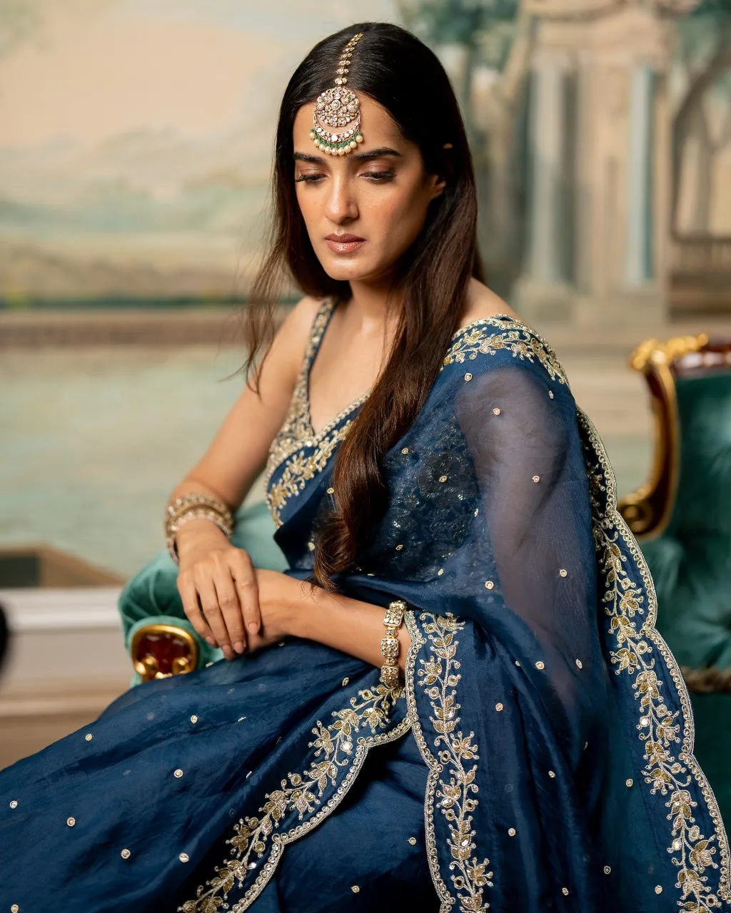 Deep Blue Embroidered Sari Set