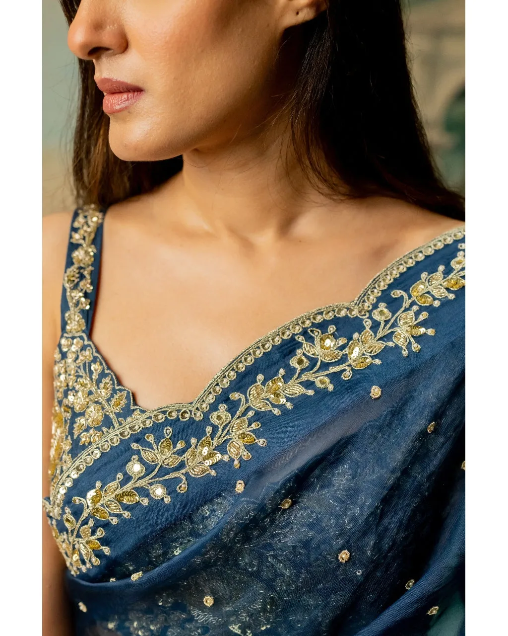 Deep Blue Embroidered Sari Set