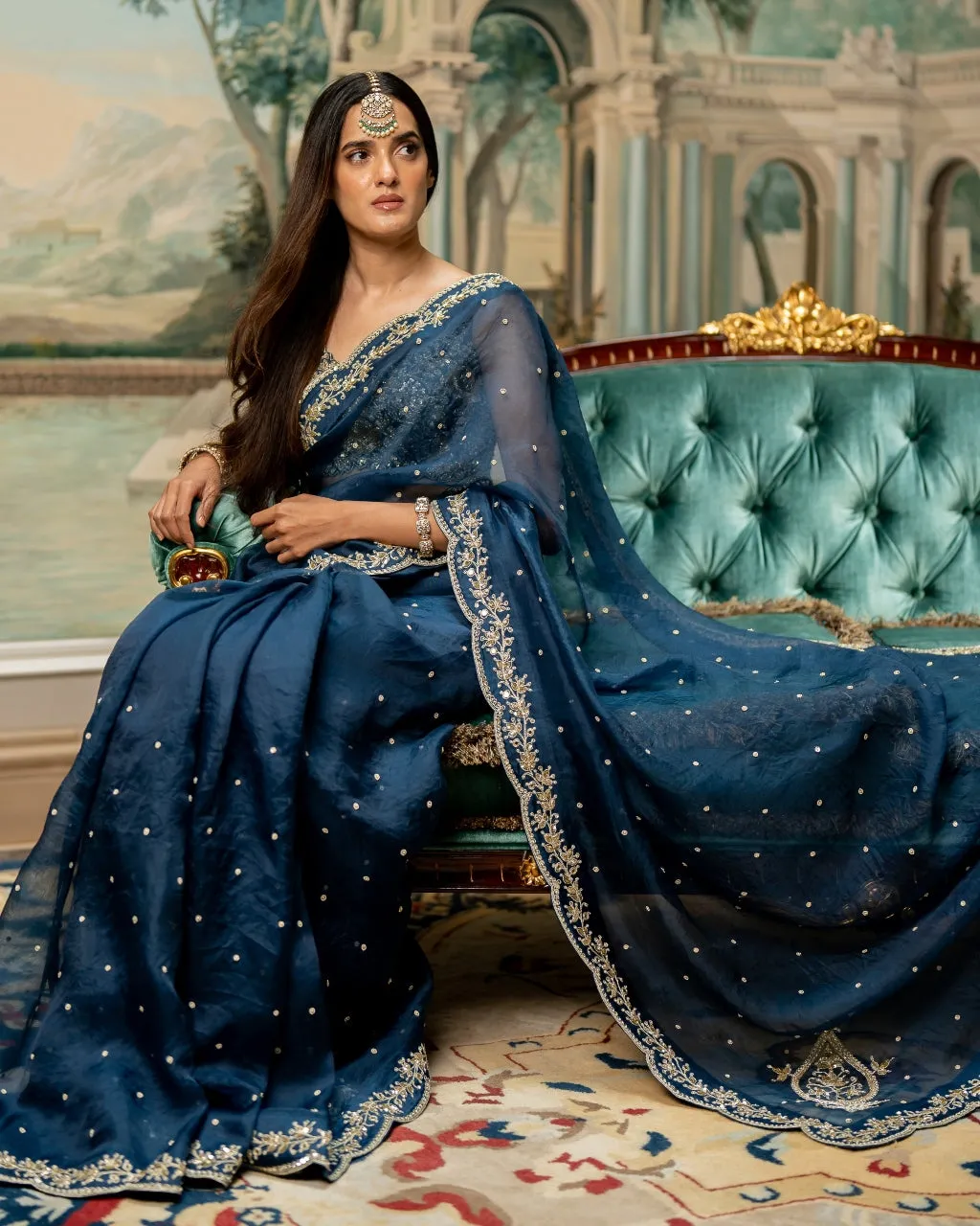 Deep Blue Embroidered Sari Set