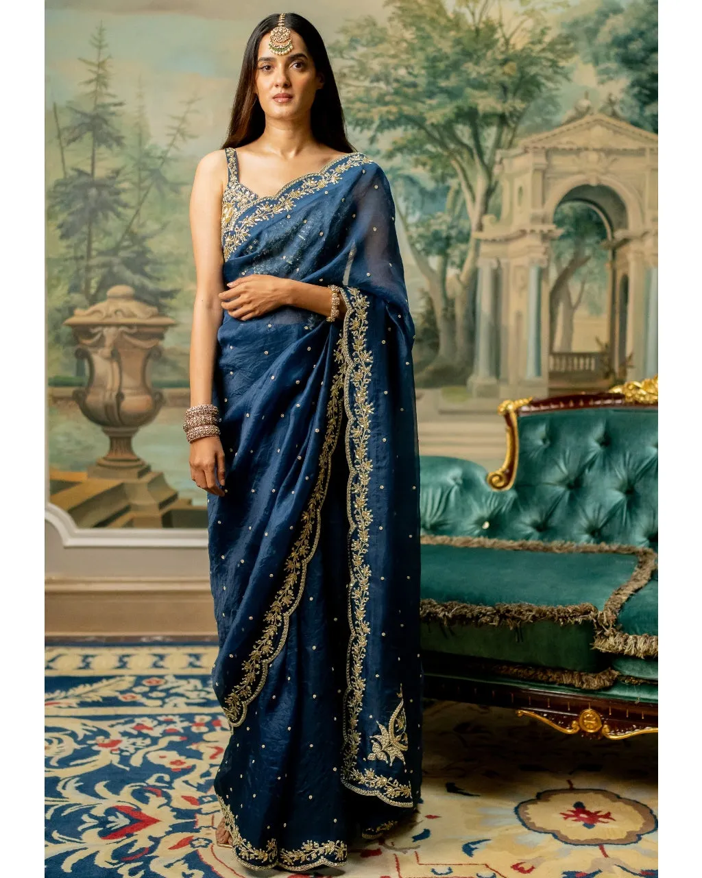 Deep Blue Embroidered Sari Set