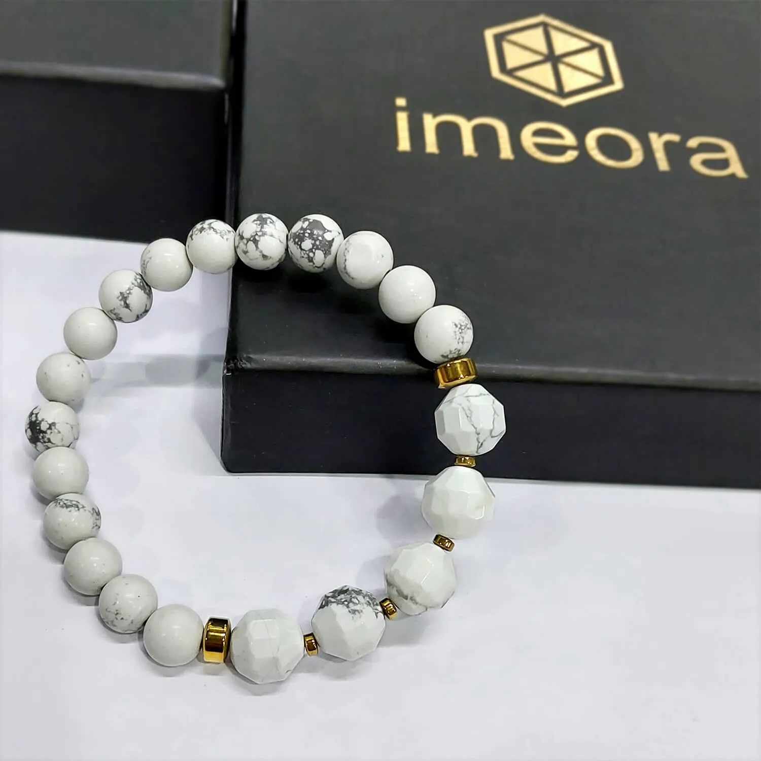 Diamond Cut Howlite With Golden Hematite Natural Stone Bracelet