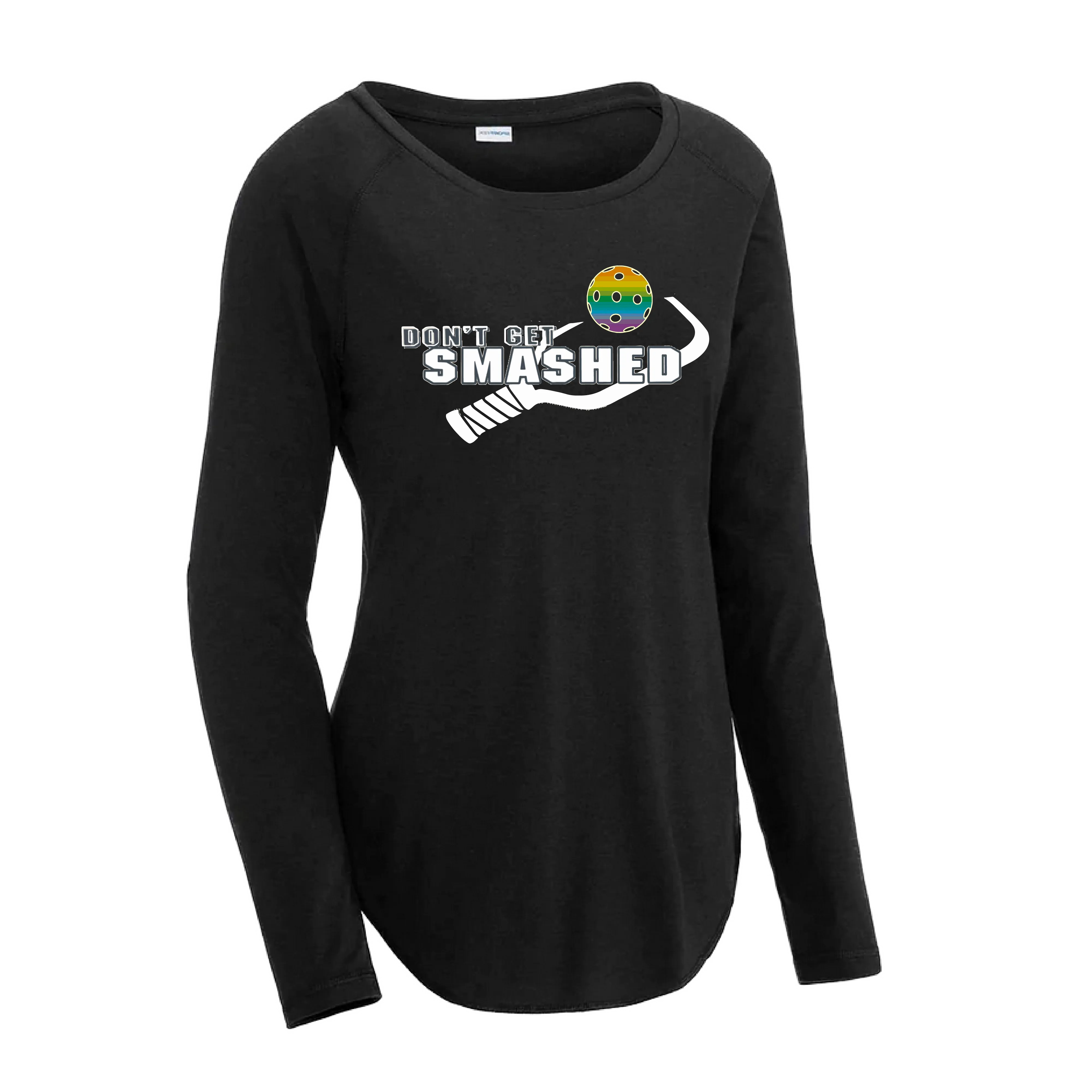 Don't Get Smashed (Pickleball Colors Red Green Rainbow) Customizable | Women's Long Sleeve Scoop Neck Pickleball Shirts | 75/13/12 poly/cotton/rayon