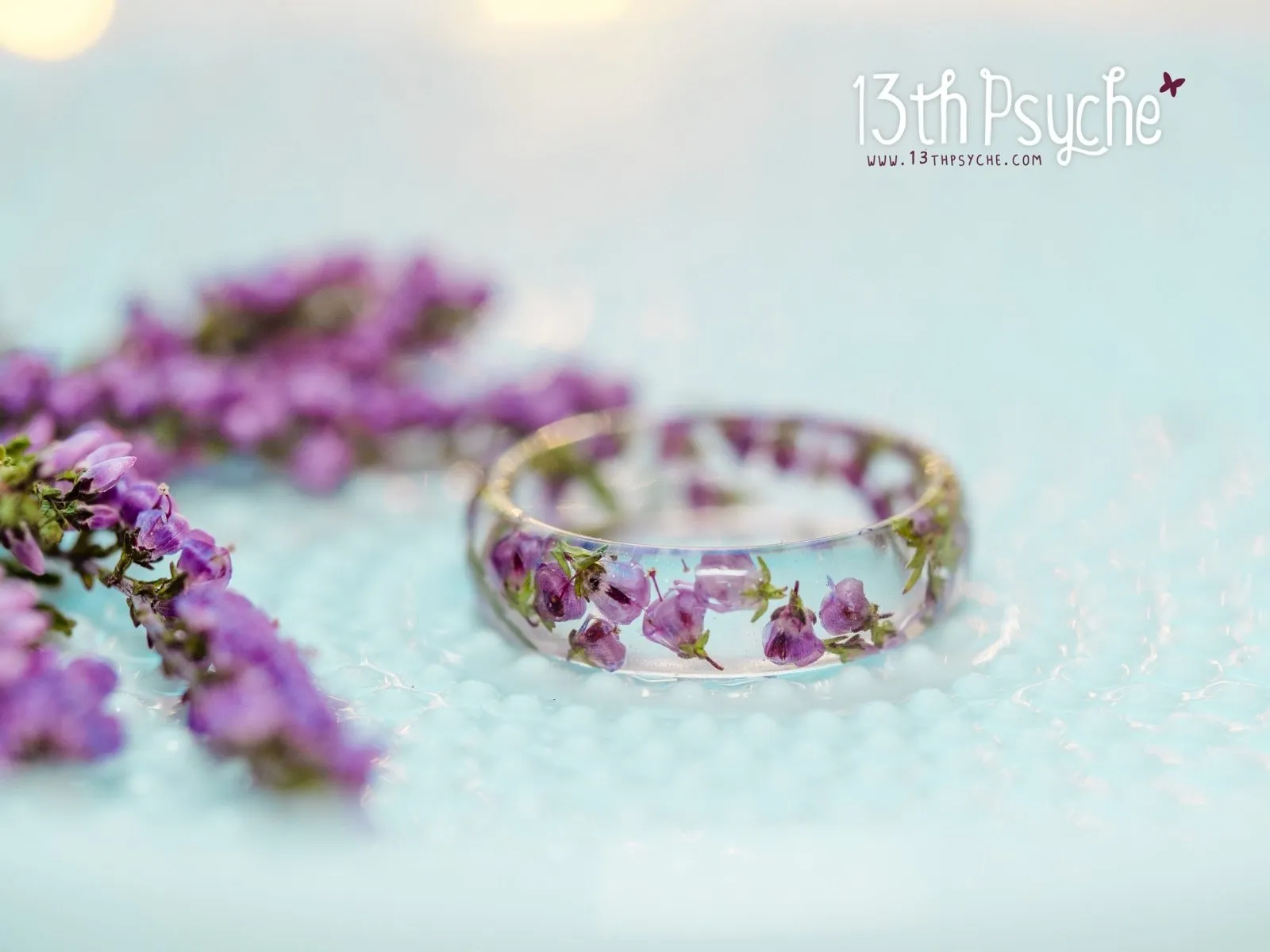 Dried pink heather flower resin ring