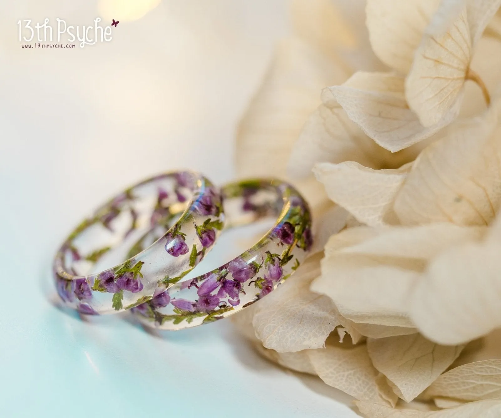 Dried pink heather flower resin ring