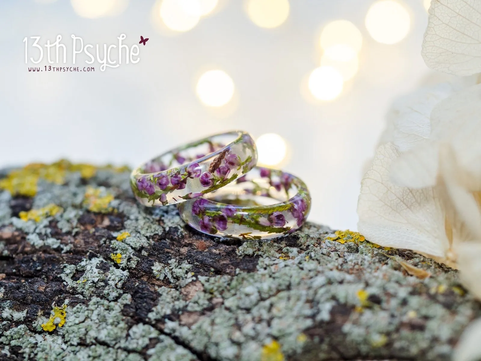 Dried pink heather flower resin ring